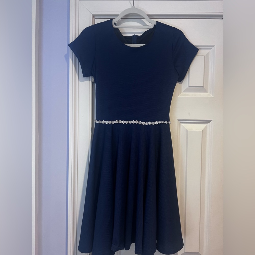 Elegant and pretty navy lined dress with flower rhinestone detailed waist